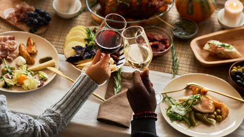 Close up of Two People Toasting Celebrating Thanksgiving with Friends and