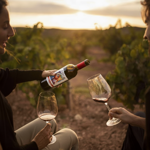 Two people in a vineyard at sunset, pouring wine into glasses.