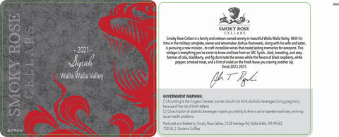 2021 Smoky Rose Cellars Syrah, Walla Walla Valley, Washington