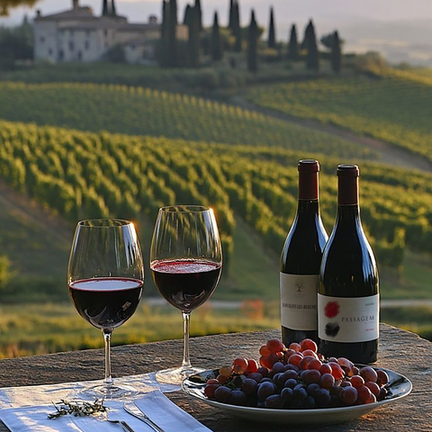 Wine glasses and bottles with grapes on a table in a vineyard setting