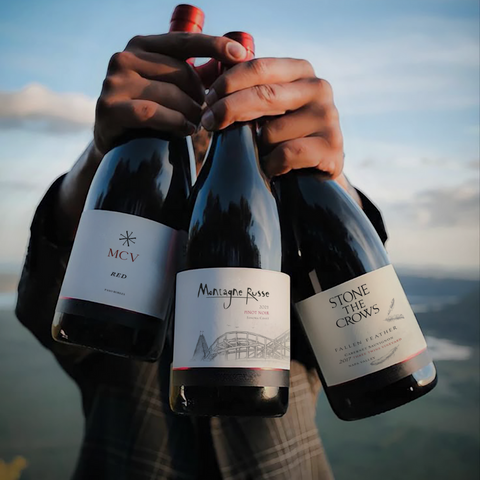 Three wine bottles held together with a scenic background