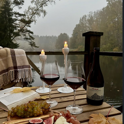 Wine glasses, bottle, grapes, and figs on a wooden table by a lake with candles and a blanket.