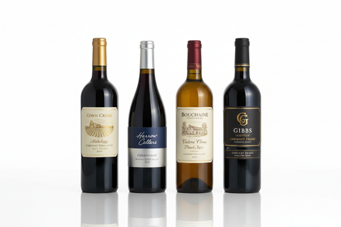 a four bottle image that includes these wines: Conn Creek Anthology Cabernet Sauvignon Napa Valley 2020
Harrow Cellars Chardonnay Russian River Valley Sonoma County 2020
Bouchaine Vineyards Calera Clone Pinot Noir Carneros Napa Valley 2020
Gibbs Oakville "Selection" Cabernet Franc Oakville Napa Valley 2020